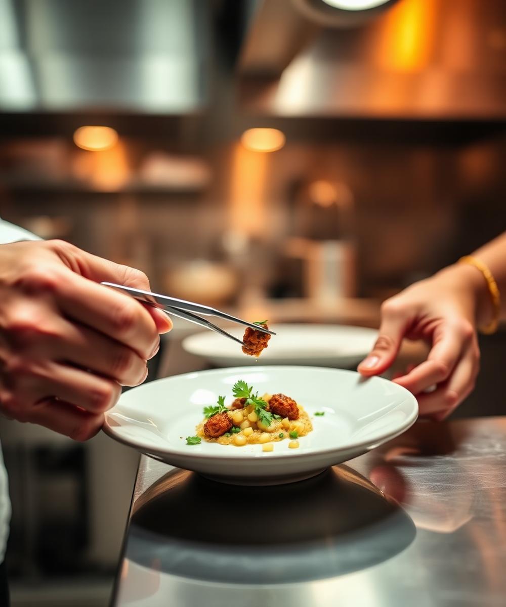 Chef plating a modern Indian small plate in the open kitchen