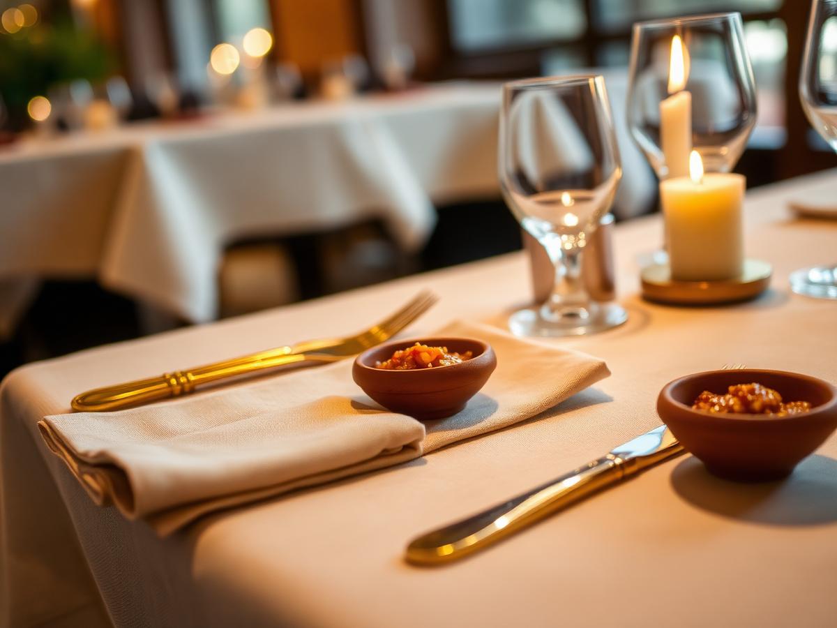 Table setting with linen, brass cutlery and clay chutney bowls