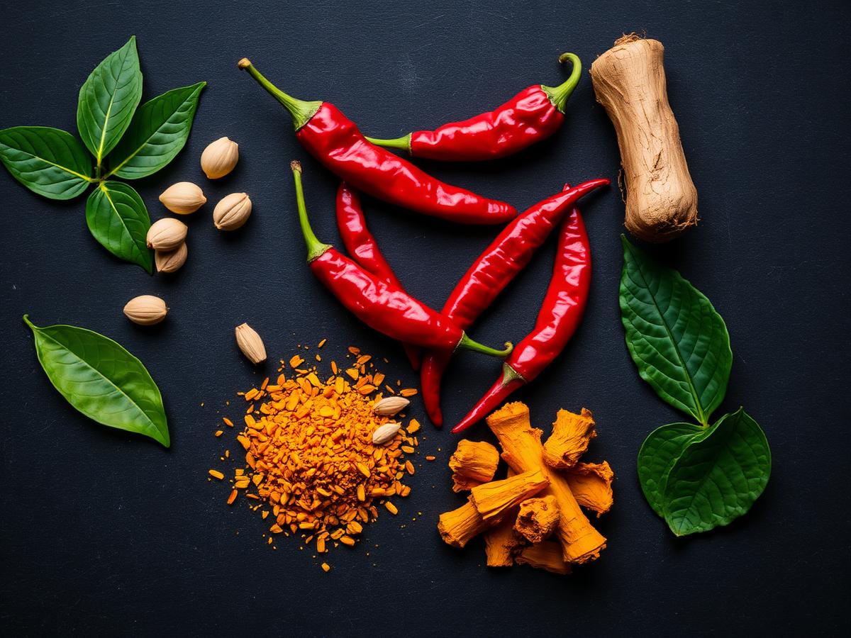 Whole spices and seasonal produce on a dark stone counter