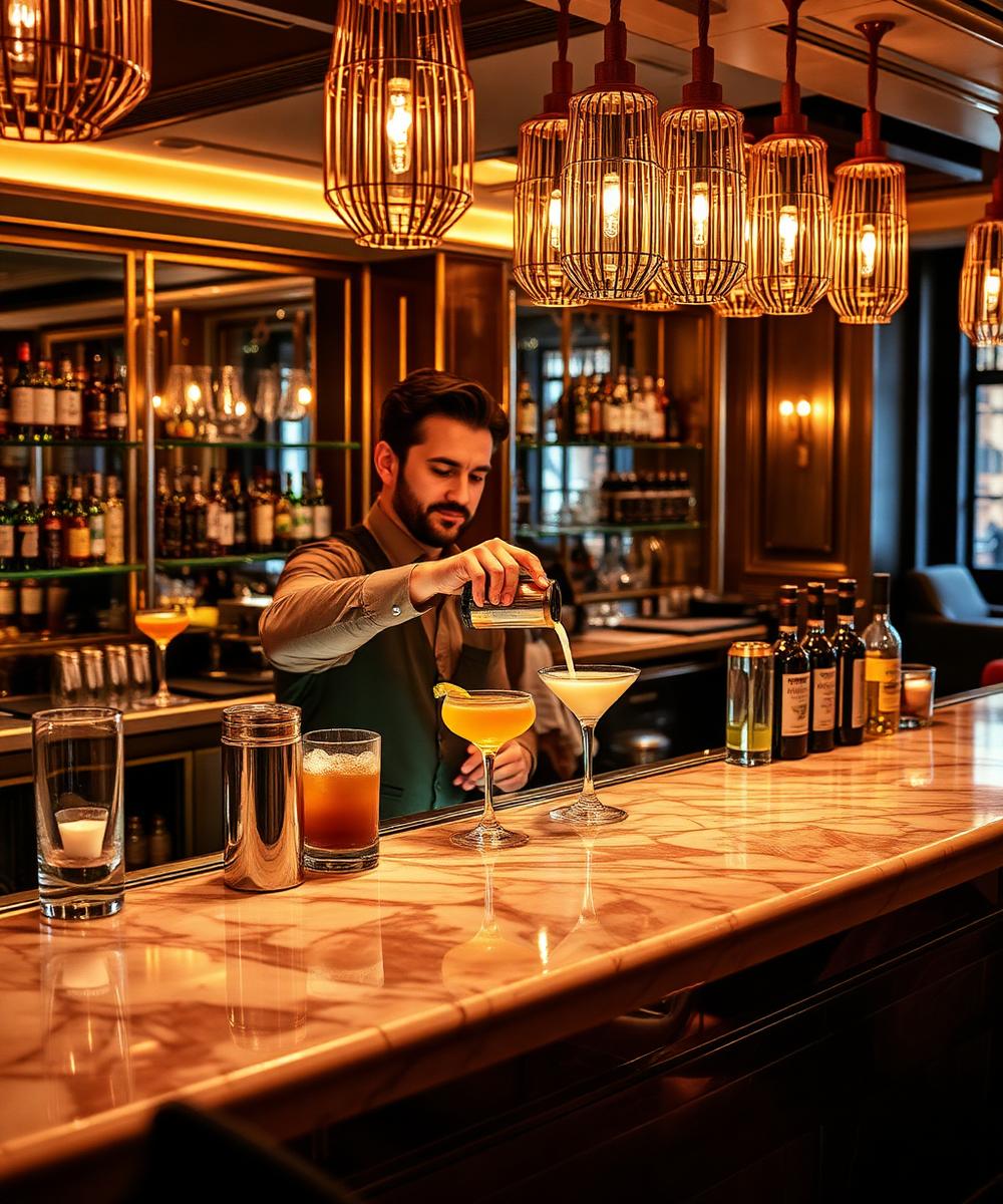 Bartender pouring a cocktail at the marble and brass bar