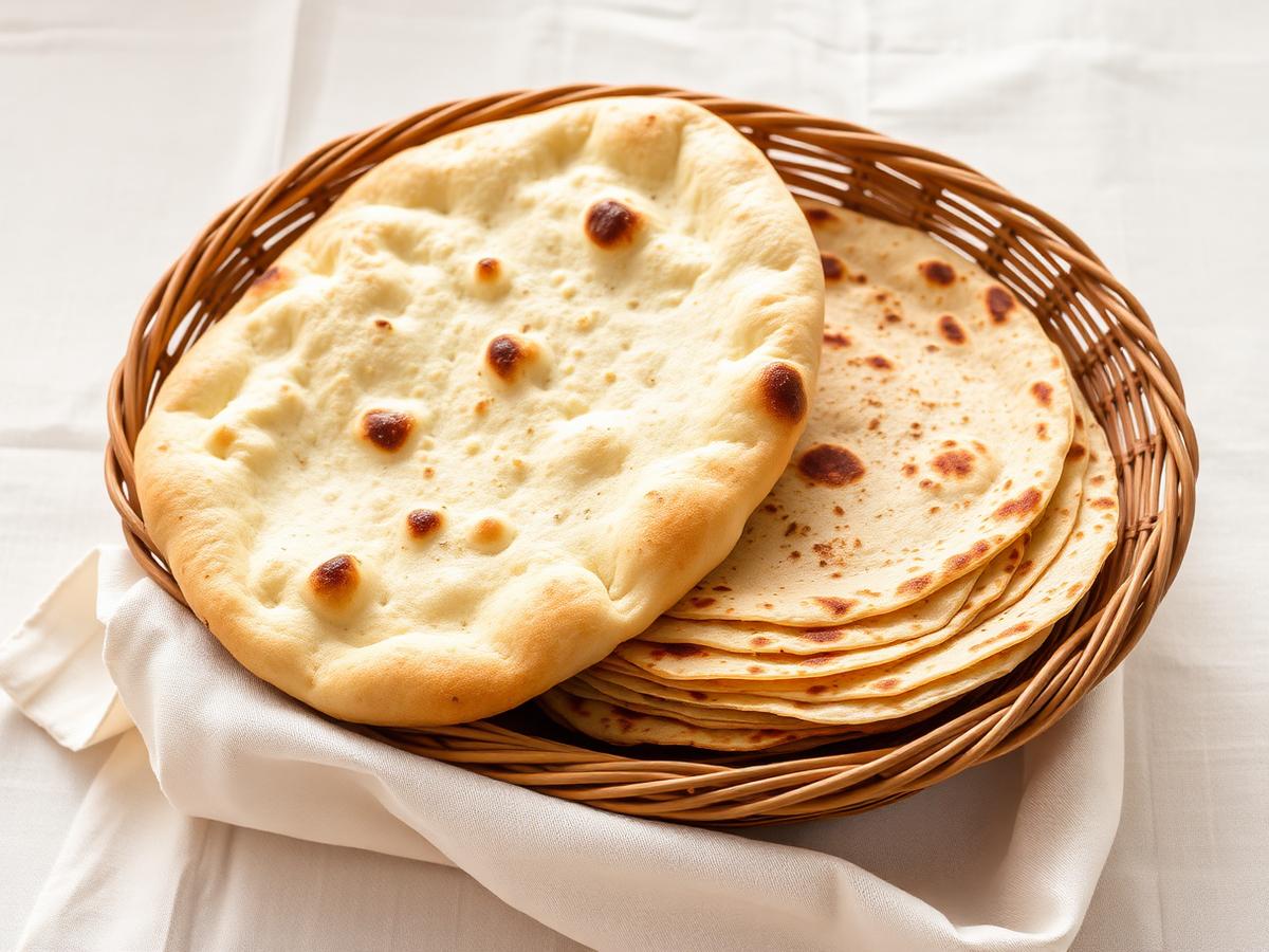 Freshly baked naan and layered parathas in a woven basket