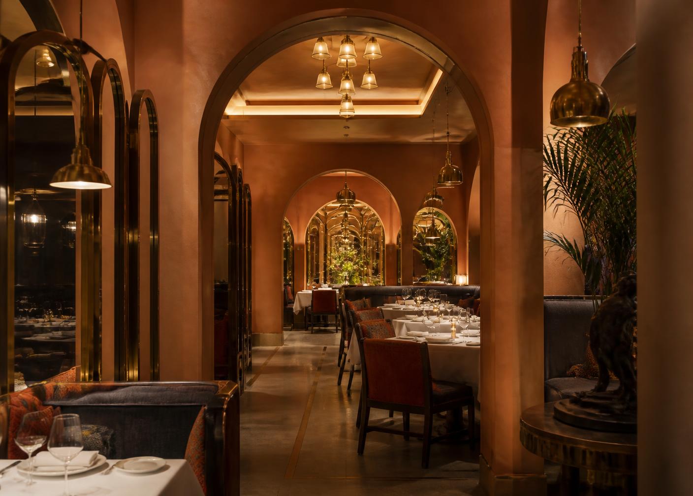 The arched dining room at night