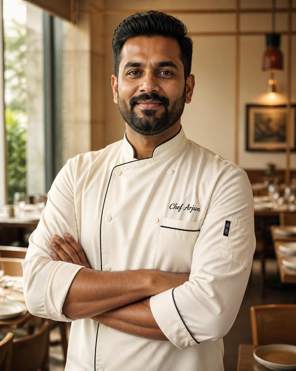 Chef Arjun Menon in the Ember & Olive dining room